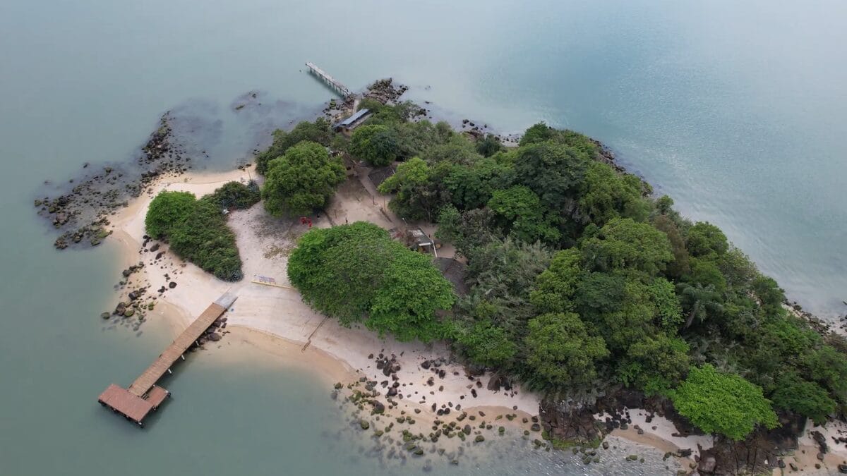 Vista a&eacute;rea da Ilha dos Guar&aacute;s Grande com trapiche, mar calmo ao redor e vegeta&ccedil;&atilde;o predominante.