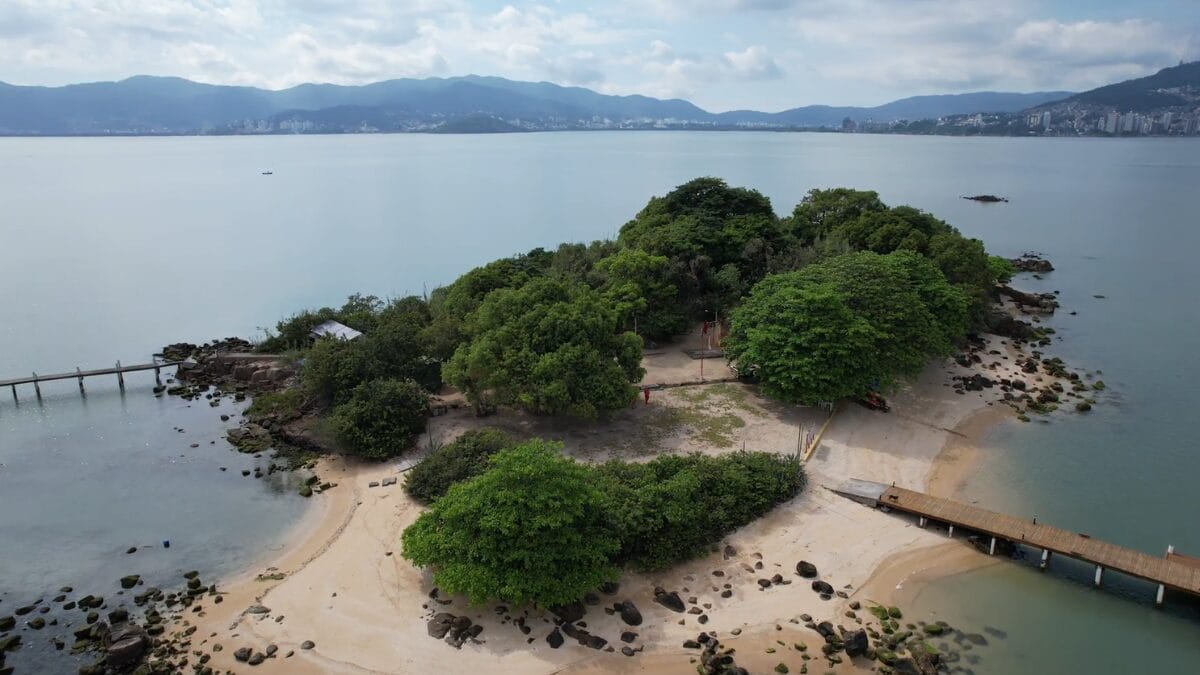 Vista a&eacute;rea lateral da Ilha dos Guar&aacute;s Grande, com cost&otilde;es rochosos, &aacute;reas de areia e vegeta&ccedil;&atilde;o fechada.