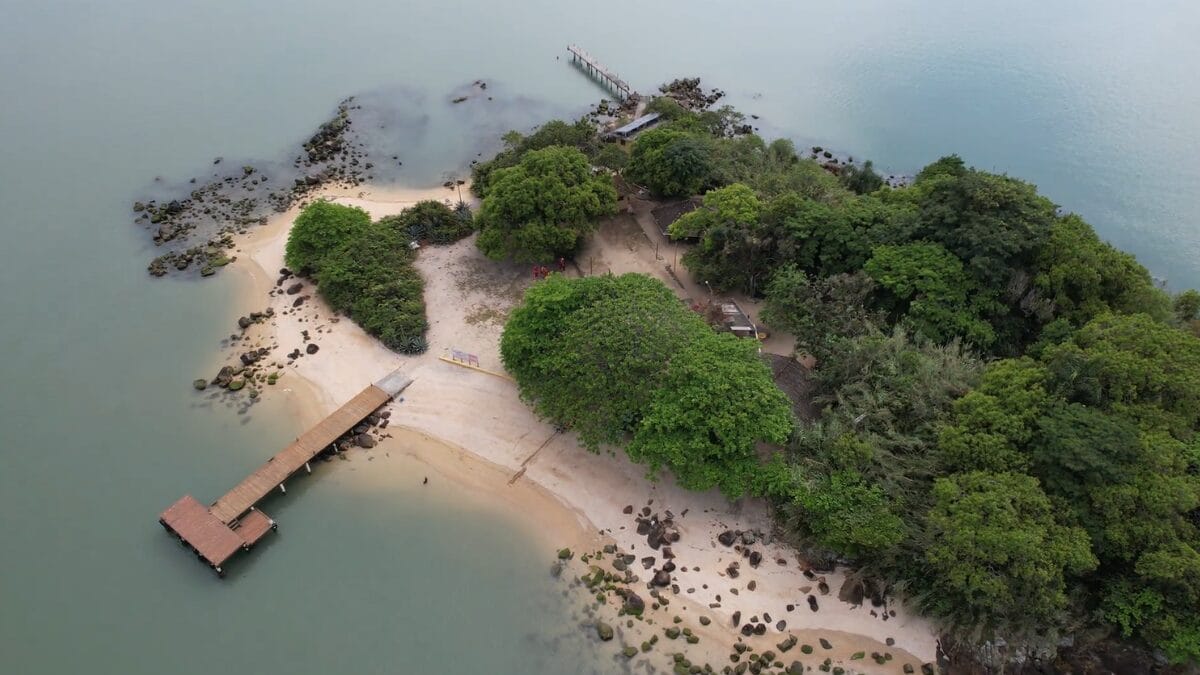 Vista a&eacute;rea da Ilha dos Guar&aacute;s Grande com trapiche de madeira, praias estreitas e &aacute;reas de mata preservada.