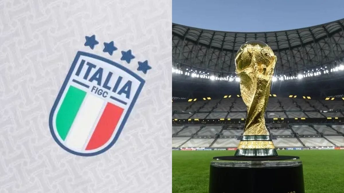 Imagem mostra escudo da Seleção Italiana e do lado o troféu da Copa do Mundo