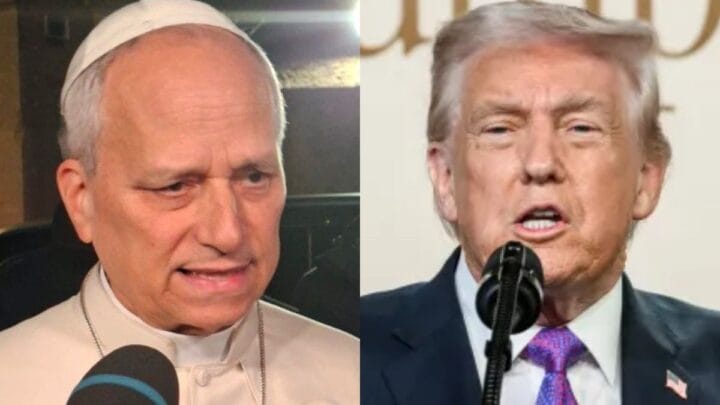 Foto dupla do papa Leão e de Donald Trump