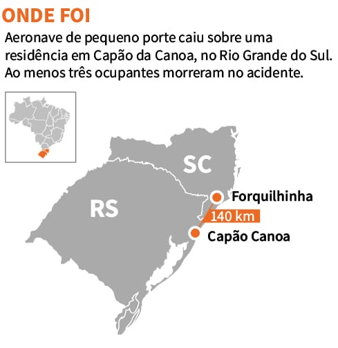 Mapa mostra distância entre Forquilinha e Capão da Canoa, trajeto feito pelo avião que caiu na cidade gaúcha antes do acidente