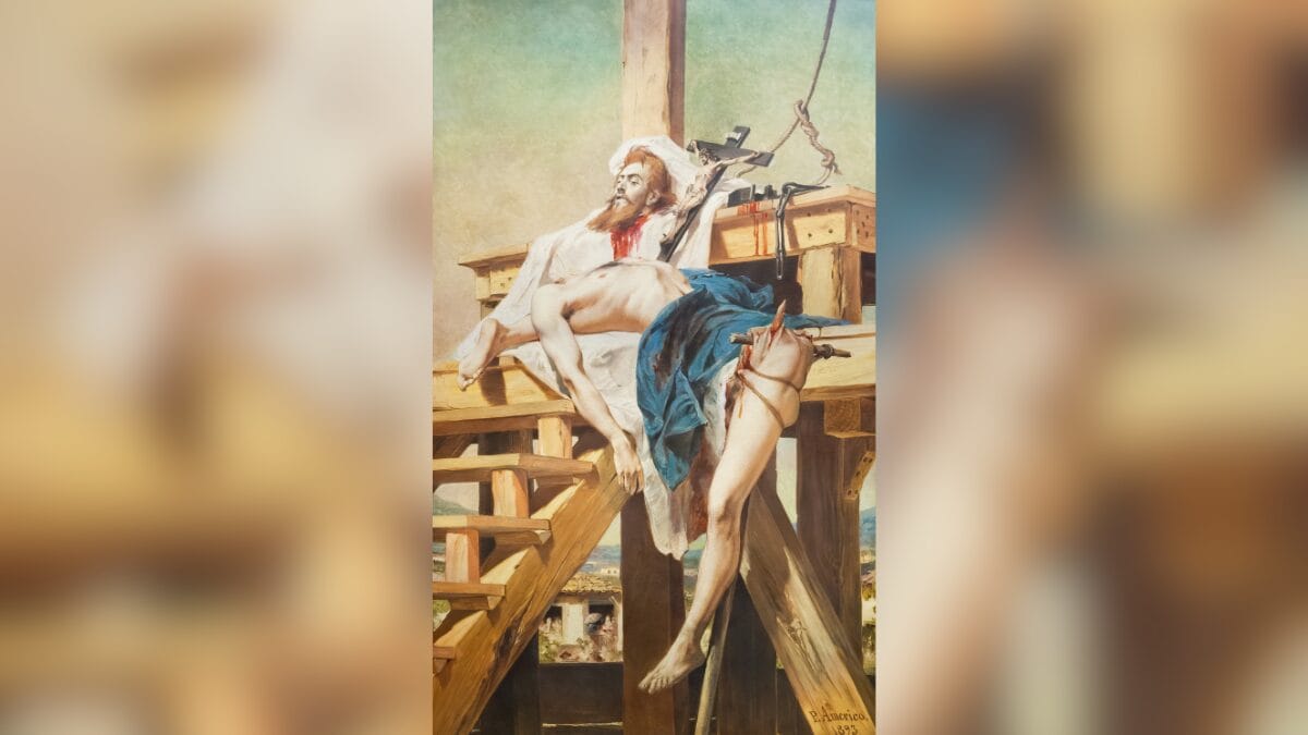 Tela "Tiradentes Esquartejado", pintada por Pedro Américo em 1893, obra que consolidou a imagem popular do inconfidente com aparência semelhante à de Jesus Cristo.