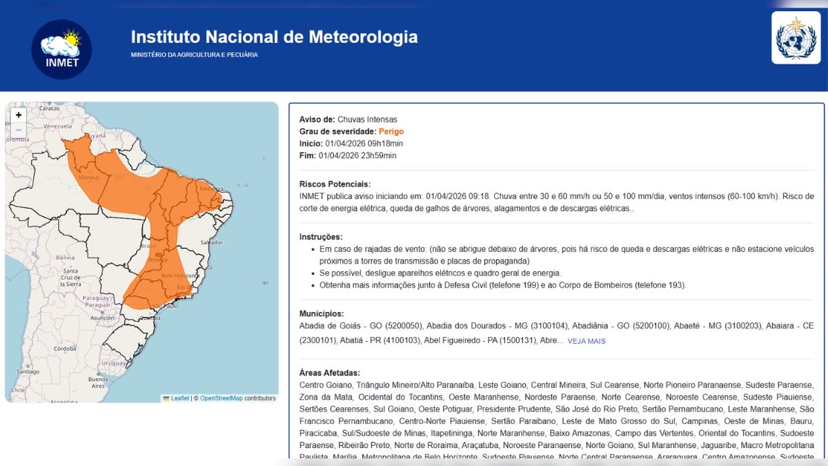 Alerta do Inmet de "perigo" para chuvas intensas