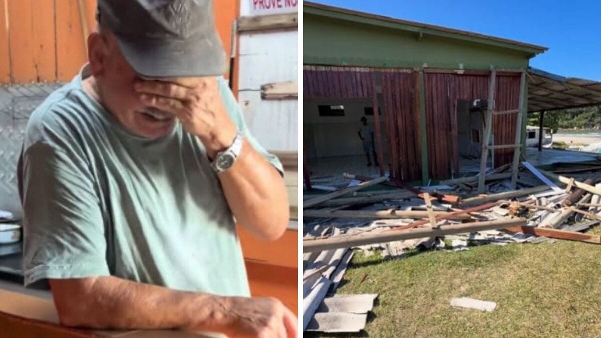 Seu Andrino chora ao ver a destruição na Praia de Naufragados (Foto: Reprodução)