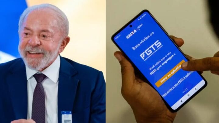 montagem com foto do presidente Lula sorrindo ao lado de foto de pessoa com celular aberto no aplicativo do FGTS