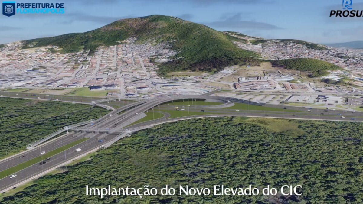 Perspectiva geral do complexo vi&aacute;rio do CIC, com novos elevados e vias ampliadas, integrados &agrave; paisagem urbana e &agrave;s &aacute;reas verdes da regi&atilde;o central de Florian&oacute;polis.