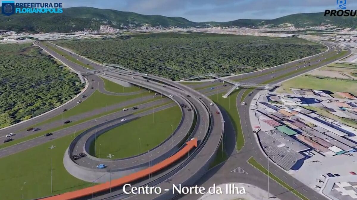 Imagem a&eacute;rea do projeto Centro&ndash;Norte da Ilha, destacando grande al&ccedil;a de acesso do elevado e a organiza&ccedil;&atilde;o do tr&acirc;nsito para reduzir pontos de reten&ccedil;&atilde;o.