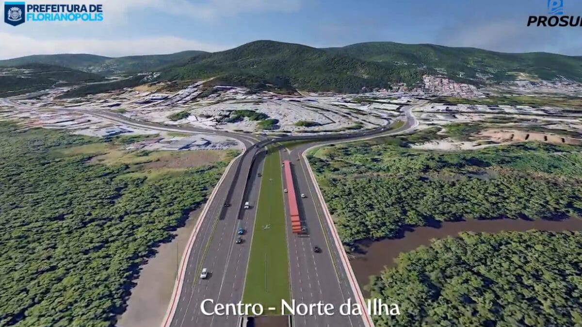 Vista a&eacute;rea do trecho Centro&ndash;Norte da Ilha, com elevado existente destinado &agrave; SC-401 e separa&ccedil;&atilde;o do tr&aacute;fego em rela&ccedil;&atilde;o ao novo projeto vi&aacute;rio do CIC.