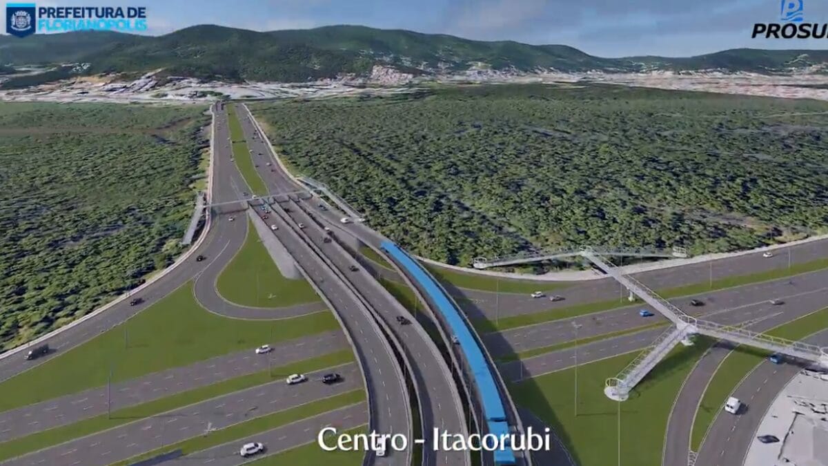 Projeto do novo fluxo vi&aacute;rio no sentido Centro&ndash;Itacorubi, com elevado exclusivo, faixas adicionais e passarela para pedestres sobre a avenida.