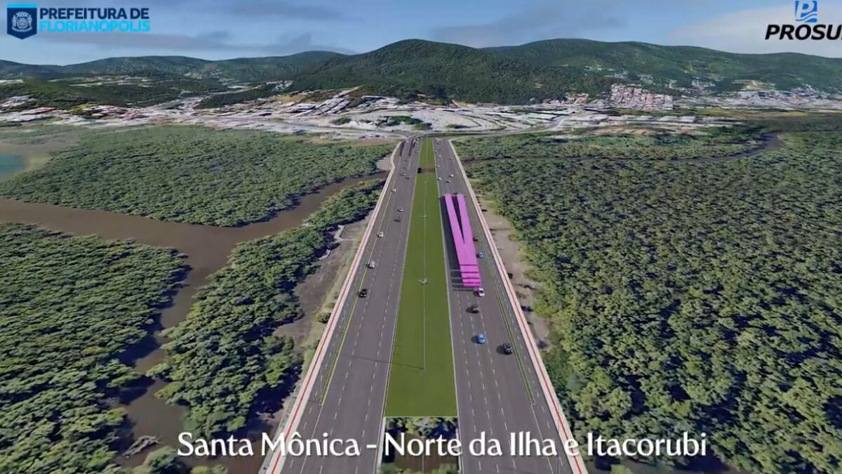 Vista a&eacute;rea do projeto vi&aacute;rio no trecho Santa M&ocirc;nica&ndash;Norte da Ilha&ndash;Itacorubi, mostrando o novo elevado e a separa&ccedil;&atilde;o das pistas entre os diferentes sentidos de tr&aacute;fego.