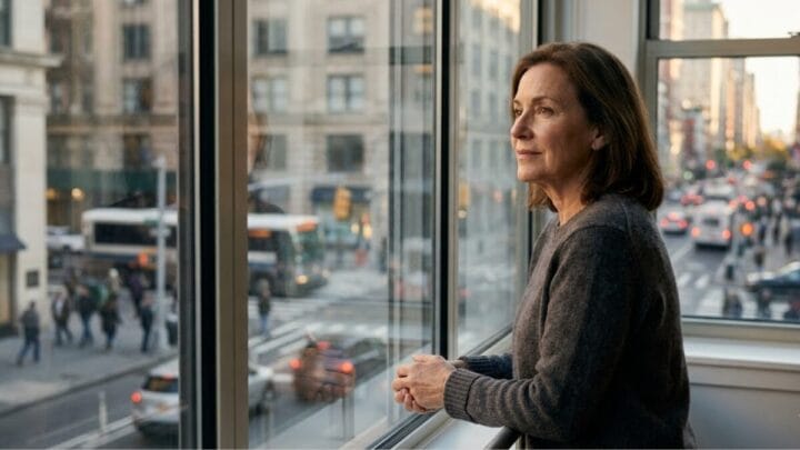Mulher reflexiva olhando pela janela em ambiente urbano, representando a relação entre solidão e conexão humana segundo a psicanálise.
