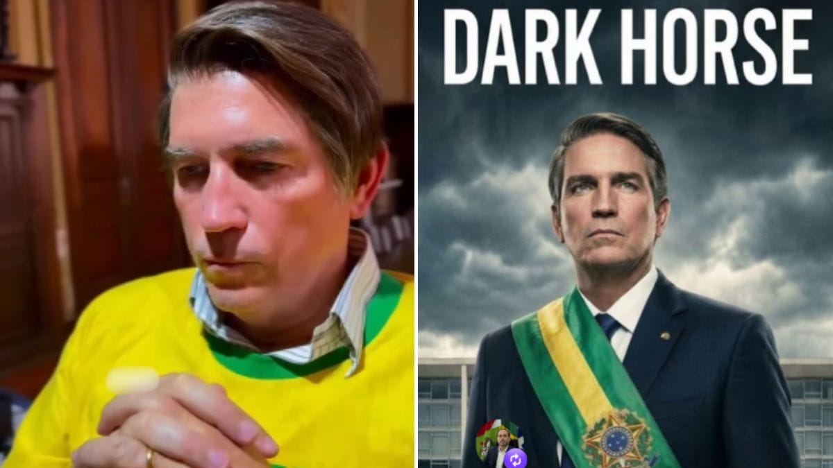 Foto de grava&ccedil;&atilde;o e cartaz do filme Dark Horse, sobre a vida de Bolsonaro