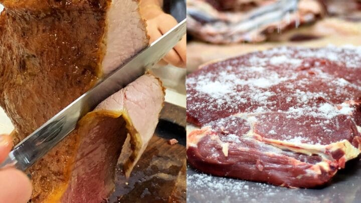 à esquerda, frescal sendo preparado; à direita, churrasco de frescal