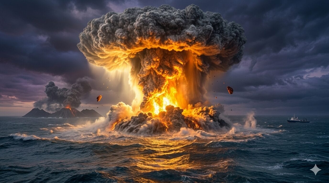 Em 1883, a explosão cataclísmica do Krakatoa atingiu estimados 310 dB, rompendo os limites físicos da acústica tradicional (Imagem gerada por IA | Google Gemini)