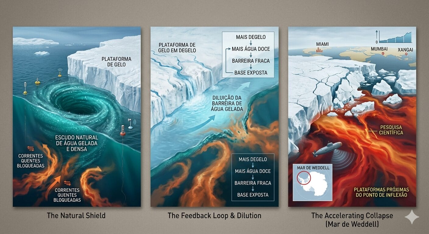 Entenda a retroalimentação climática: como o derretimento do gelo antártico enfraquece o escudo natural e acelera o aumento do nível do mar (Imagem: Ilustração gerada por IA, Google Gemini)