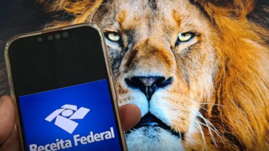Celular com aplicativo do Imposto de Renda e no fundo imagem de um Leão