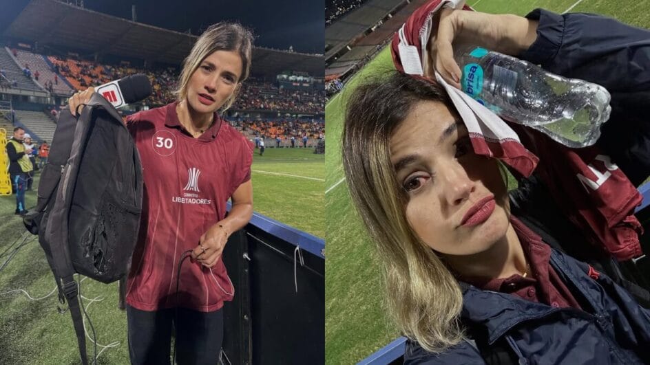 Jornalista mostra mochila que pegou o momento durante princípio de incêndio no estádio Atanásio Girardot, em Medellín (Foto: Reprodução, Instagram)