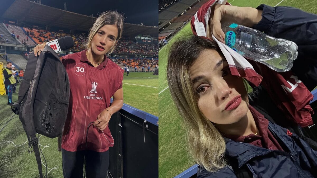 Jornalista mostra mochila que pegou o momento durante princípio de incêndio no estádio Atanásio Girardot, em Medellín (Foto: Reprodução, Instagram)