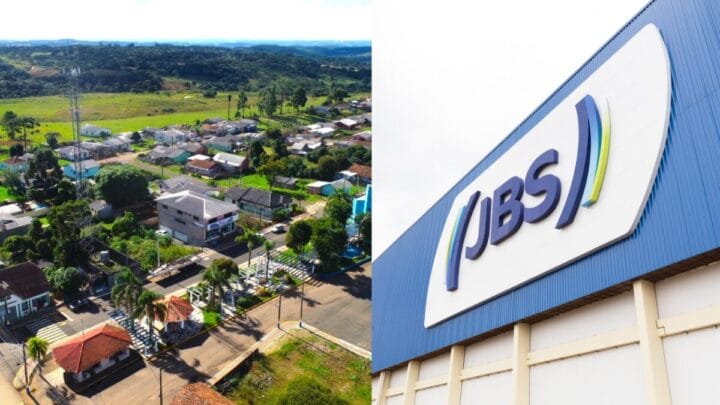 Montagem em que uma metade mostra a cidade de Capão Alto e a outra metade uma fachada da empresa JBS