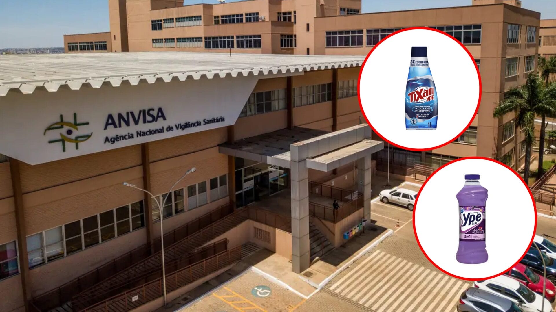 montagem com foto da fachada da anvisa e dos produtos da ypê