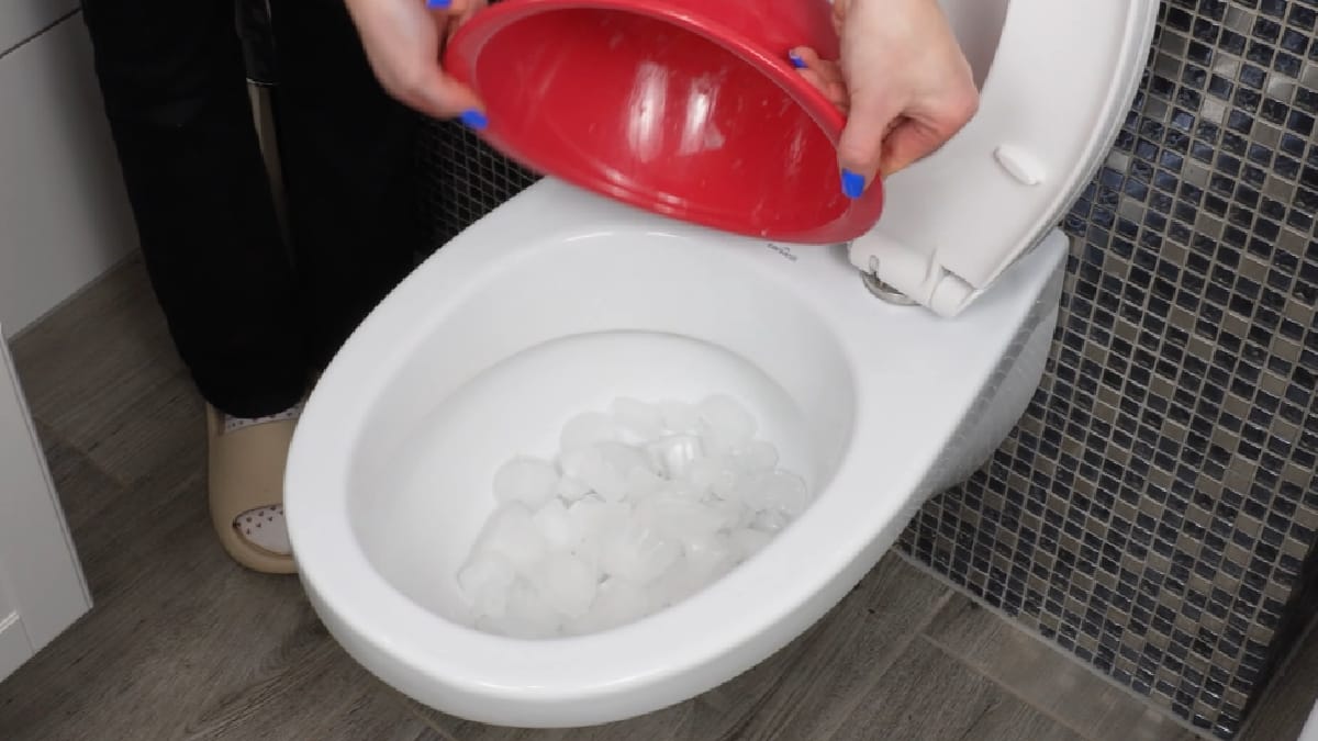Cubos de gelo no vaso sanitário viraram tendência nas redes sociais (Reprodução: YouTube))
