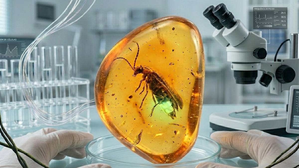 O que impressiona &eacute; a precis&atilde;o com que a 'lanterna' biol&oacute;gica localizada na regi&atilde;o ventral do abd&ocirc;men foi preservada ap&oacute;s quase 100 milh&otilde;es de anos (Imagem gerada por IA / Google Gemini)