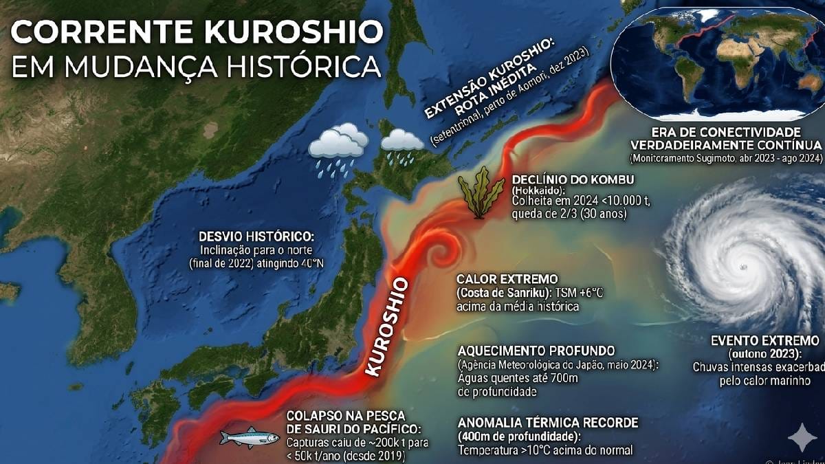 Infográfico mostra o impacto em tempo real: As anomalias térmicas da Corrente Kuroshio e suas consequências severas para a economia pesqueira e o clima regional (Imagem, Google Gemini)