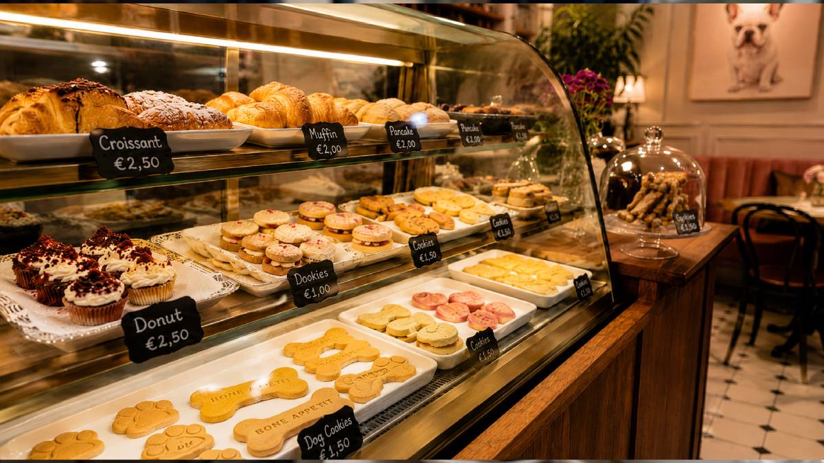Vitrines de confeitarias caninas em Paris exibem petiscos que imitam doces humanos, como croissants e cookies, preparados com ingredientes seguros para os pets (Imagem: Gerada por IA / Google Gemini)