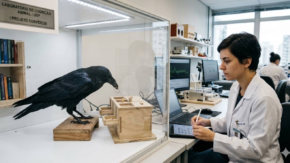 Pesquisadores observavam corvos em testes cognitivos (Imagem de IA / Google Gemini)