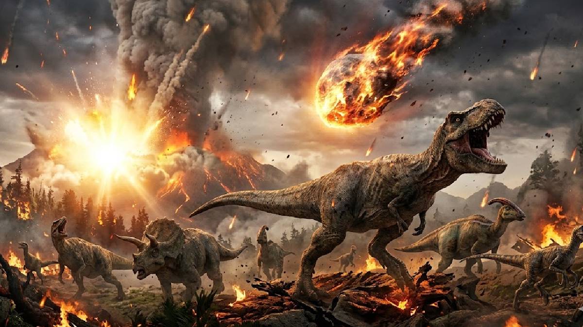 A extin&ccedil;&atilde;o do T. Rex ocorreu ap&oacute;s o impacto de um asteroide na pen&iacute;nsula de Yucat&aacute;n, h&aacute; 66 milh&otilde;es de anos (Imagem gerada por IA / Google Gemini)