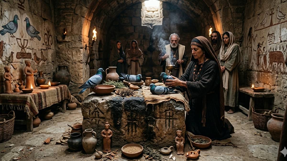 Evidências arqueológicas sugerem que pombos podiam ser consumidos em contextos de festas ou rituais durante a Idade do Bronze (Imagem gerada por IA / Google Gemini)