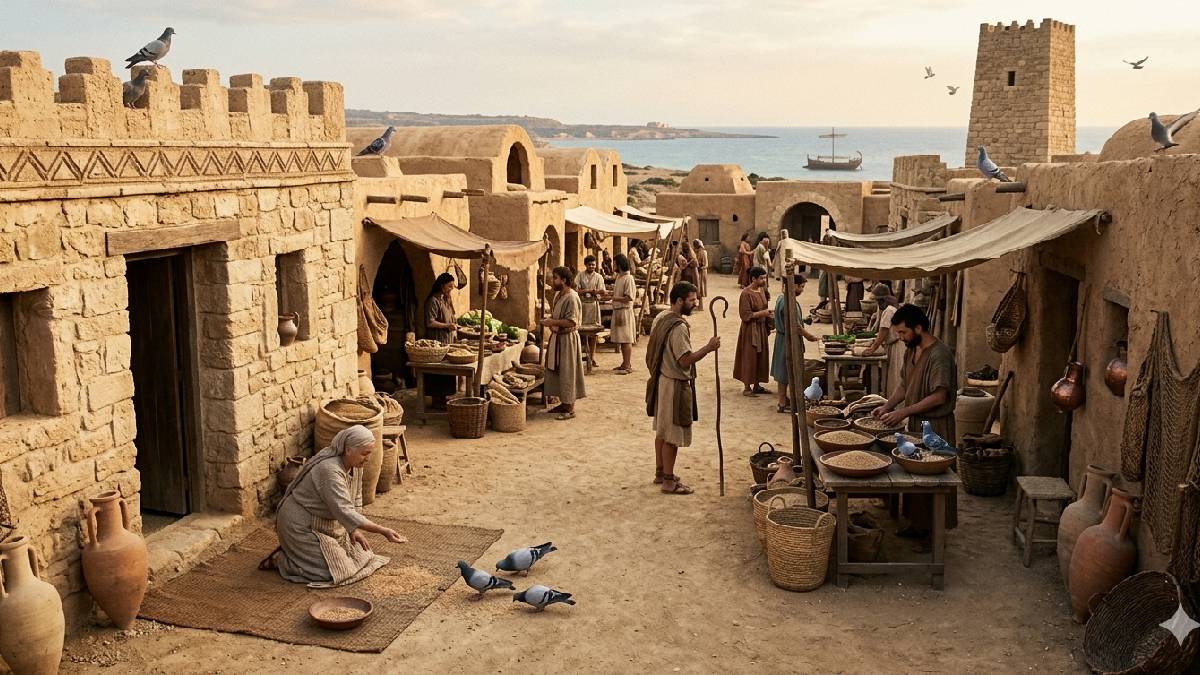Representação artística de assentamento na Idade do Bronze onde pombos conviviam com humanos (Ilustração em IA / Google Gemini)