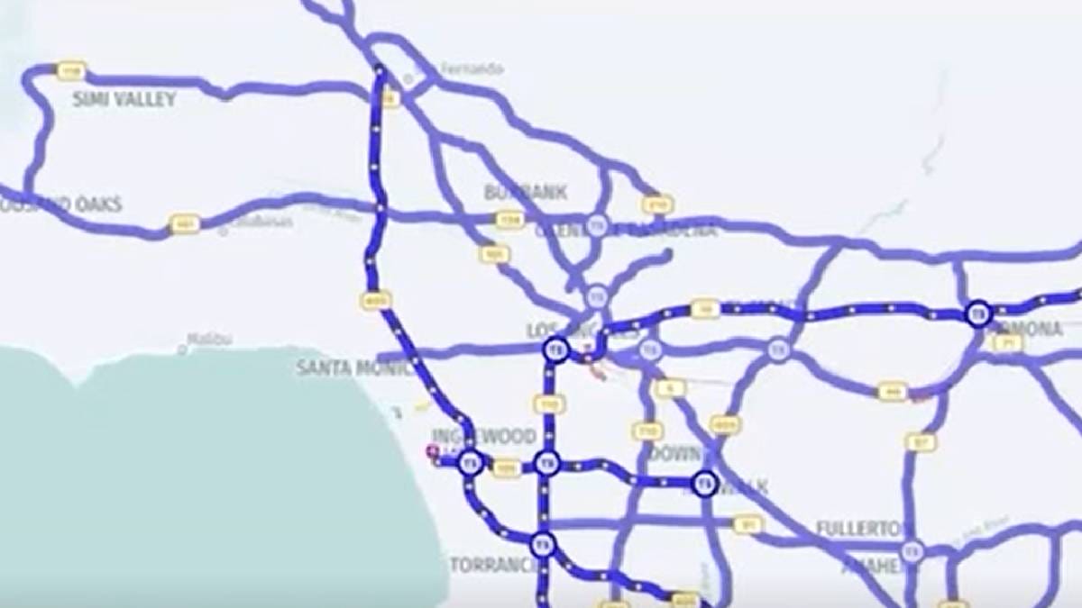 Mapa das rotas estratégicas em estudo pela Caltrans para conectar os principais polos da costa oeste americana (Reprodução: Caltrans / Divulgação)