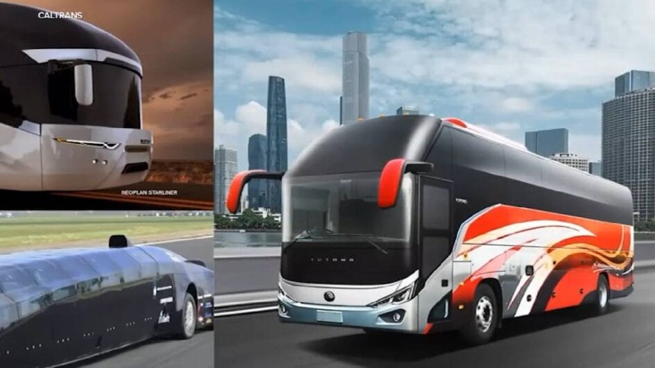 O design do ônibus-bala da Califórnia foca em aerodinâmica avançada para sustentar altas velocidades com segurança (Reprodução: Caltrans / Divulgação)