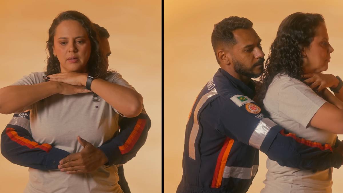 Bombeiro demonstra a Manobra de Heimlich durante simulação de primeiros socorros; técnica é usada para desobstruir as vias aéreas em casos de engasgo (Reprodução: YouTube / Ministério da Saúde)