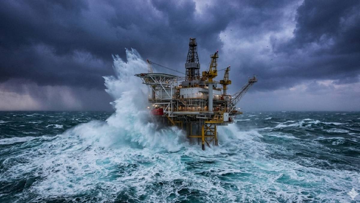 Plataformas offshore precisam ser projetadas para resistir a eventos extremos naturais (Imagem gerada por IA | Googole Gemini)