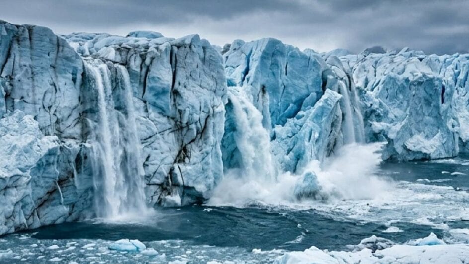 O derretimento acelerado das geleiras: cascatas de água doce fluindo diretamente para o oceano, o ponto de partida do ciclo de retroalimentação climática (Imagem: Ilustração gerada por IA, Google Gemini)
