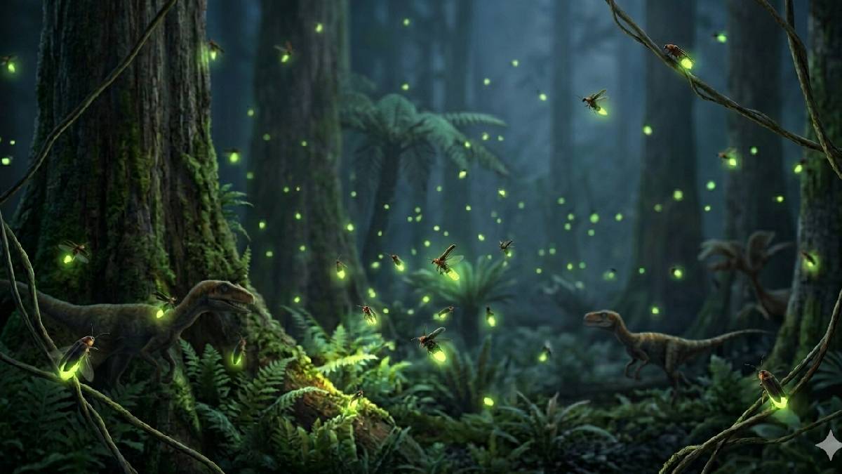No per&iacute;odo Cret&aacute;ceo, a bioluminesc&ecirc;ncia j&aacute; era uma estrat&eacute;gia de sobreviv&ecirc;ncia essencial, permitindo que os vaga-lumes iluminassem as florestas tropicais mesmo em meio aos dinossauros (Imagem gerada por IA / Google Gemini)