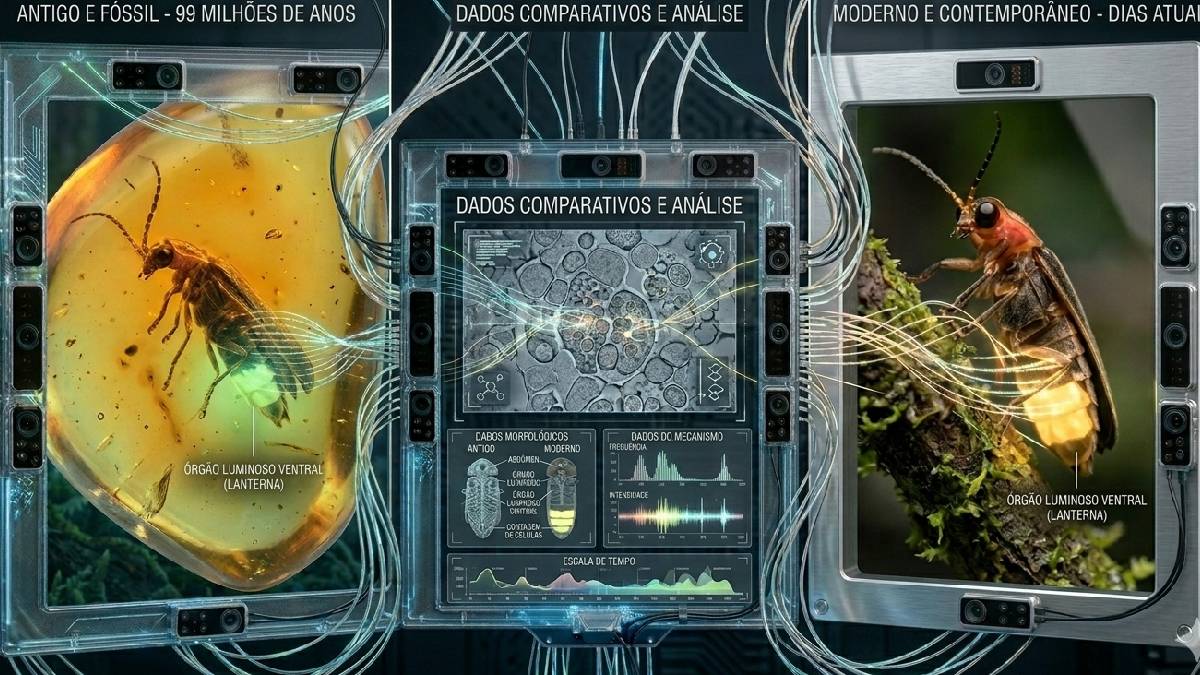 An&aacute;lises revelam que o sistema celular ancestral operava com compostos qu&iacute;micos id&ecirc;nticos &agrave; luciferina utilizada pelos vaga-lumes atuais, comprovando uma estabilidade morfol&oacute;gica rara (Imagem gerada por IA / Google Gemini)