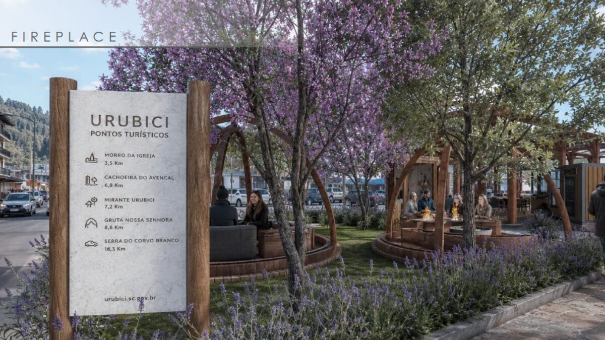 Imagem computadorizada de projeto arquitetônico para praça em Urubici
