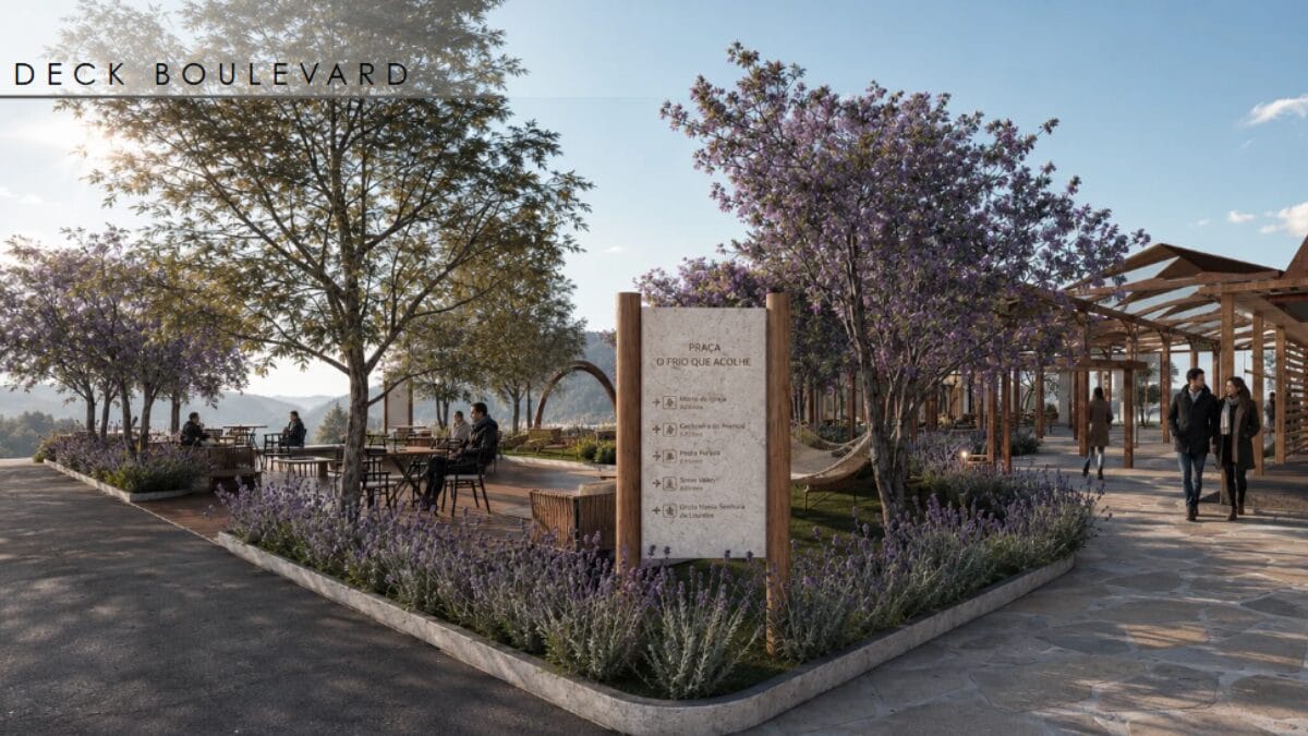 Imagem computadorizada de projeto arquitetônico para praça em Urubici