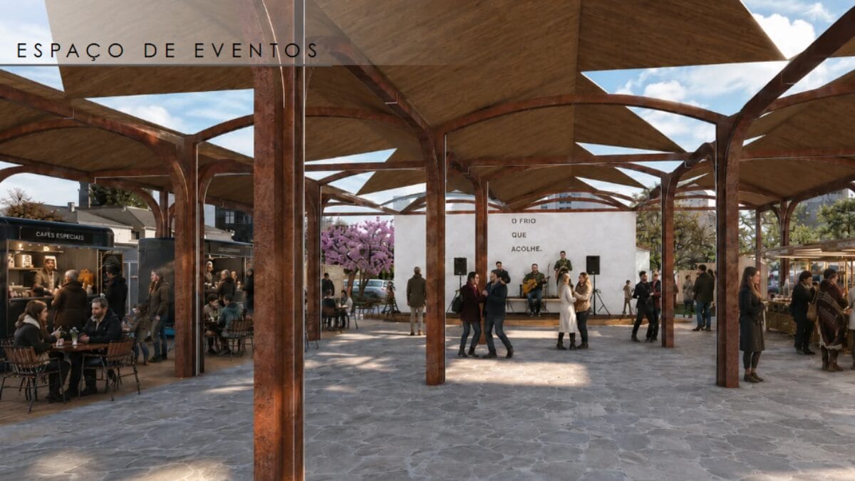 Imagem computadorizada de projeto arquitetônico para praça em Urubici