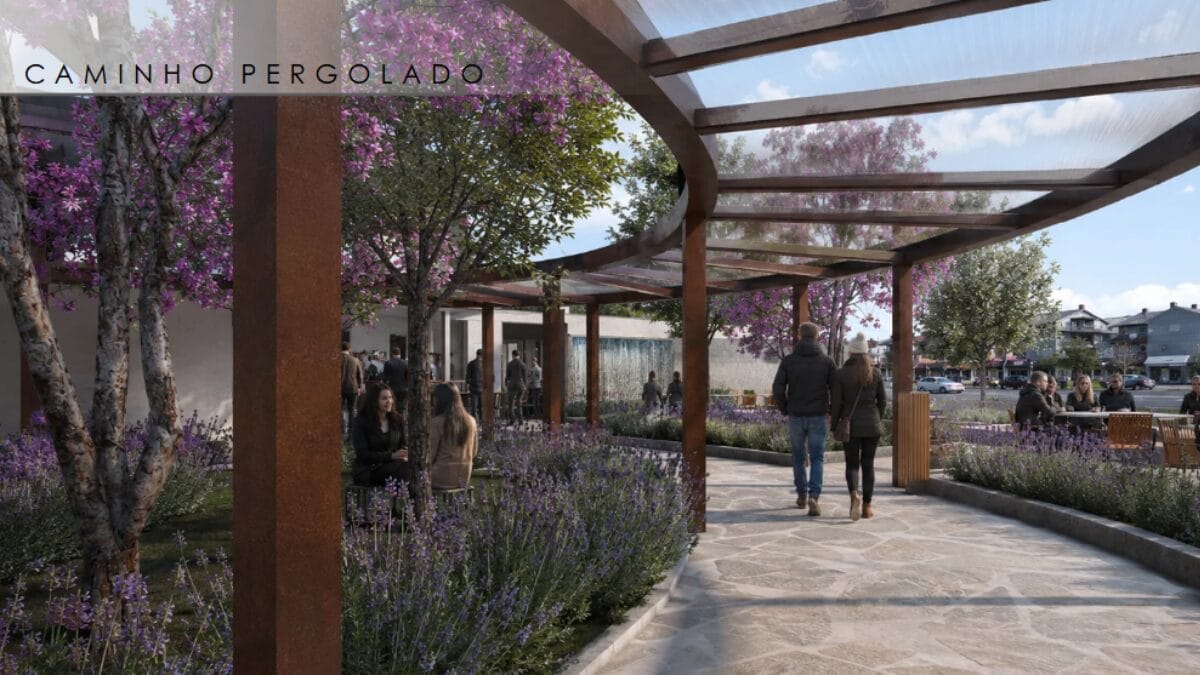 Imagem computadorizada de projeto arquitetônico para praça em Urubici