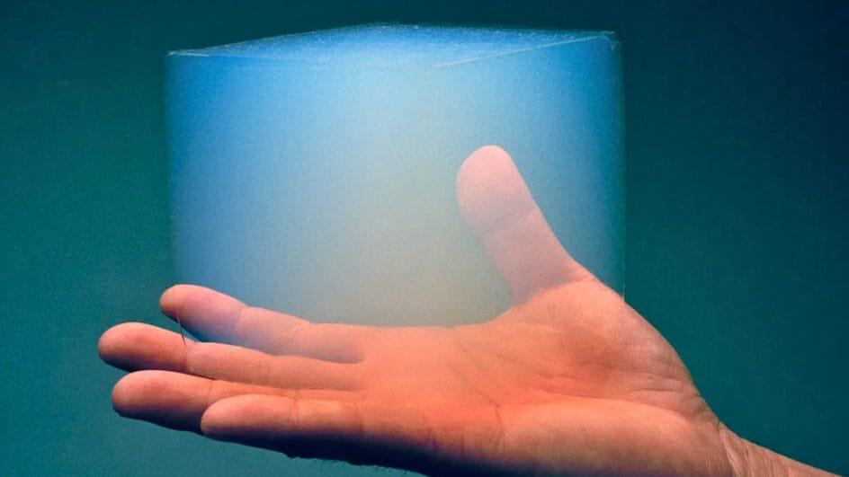 Mão segurando um cubo de aerogel azul translúcido, material 99% ar usado pela NASA