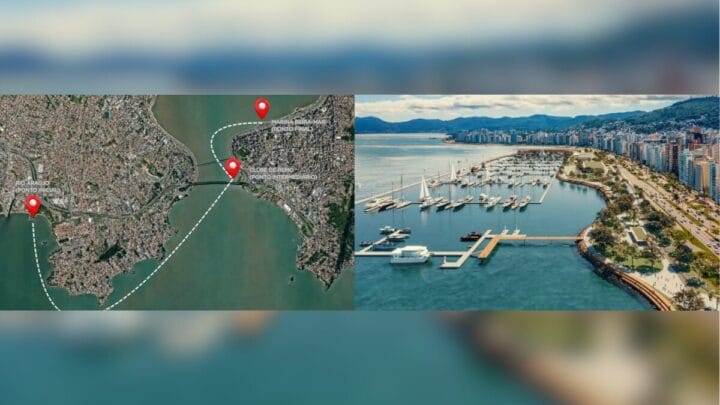 montagem com linha da primeira rota do transporte marítimo e imagem da marina da beira mar norte