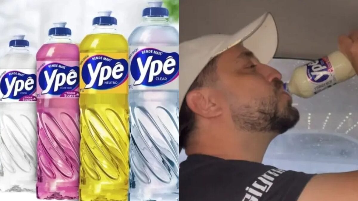 montagem feita com detergentes ypês e pessoa "tomando" o detergente da marca
