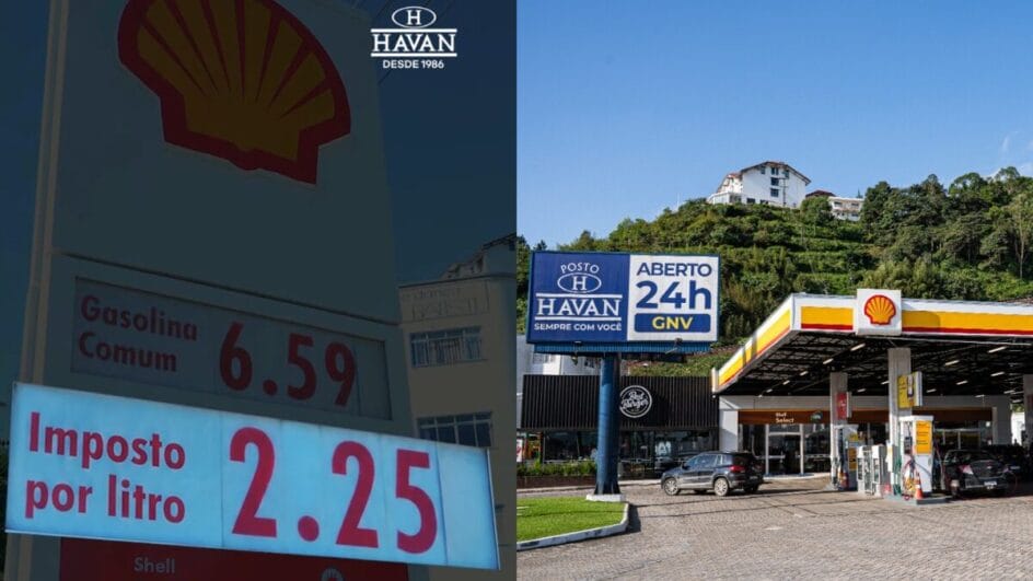 motagem com fachada no posto de combustível da havan e valor de impostos pago por litro de gasolina