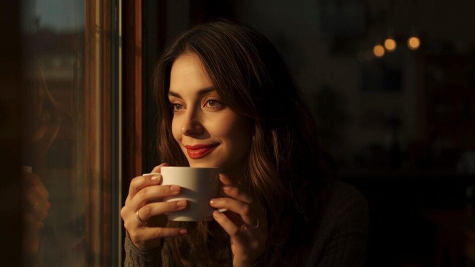 Mulher segurando uma caneca próxima à janela em ambiente com iluminação aconchegante.
