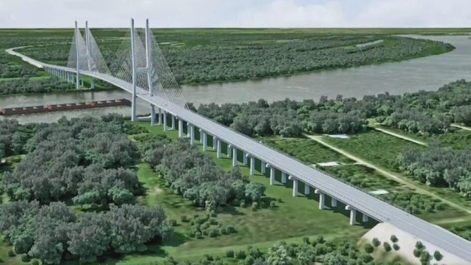 Faltam 21 metros para que as duas partes centrais da ponte sejam unidas (Foto: Mopc-PY, Divulgação)
